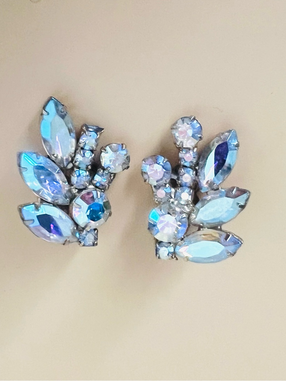 Aurora Borealis clear Crystal Leaf Clip-On Earrings gold tone